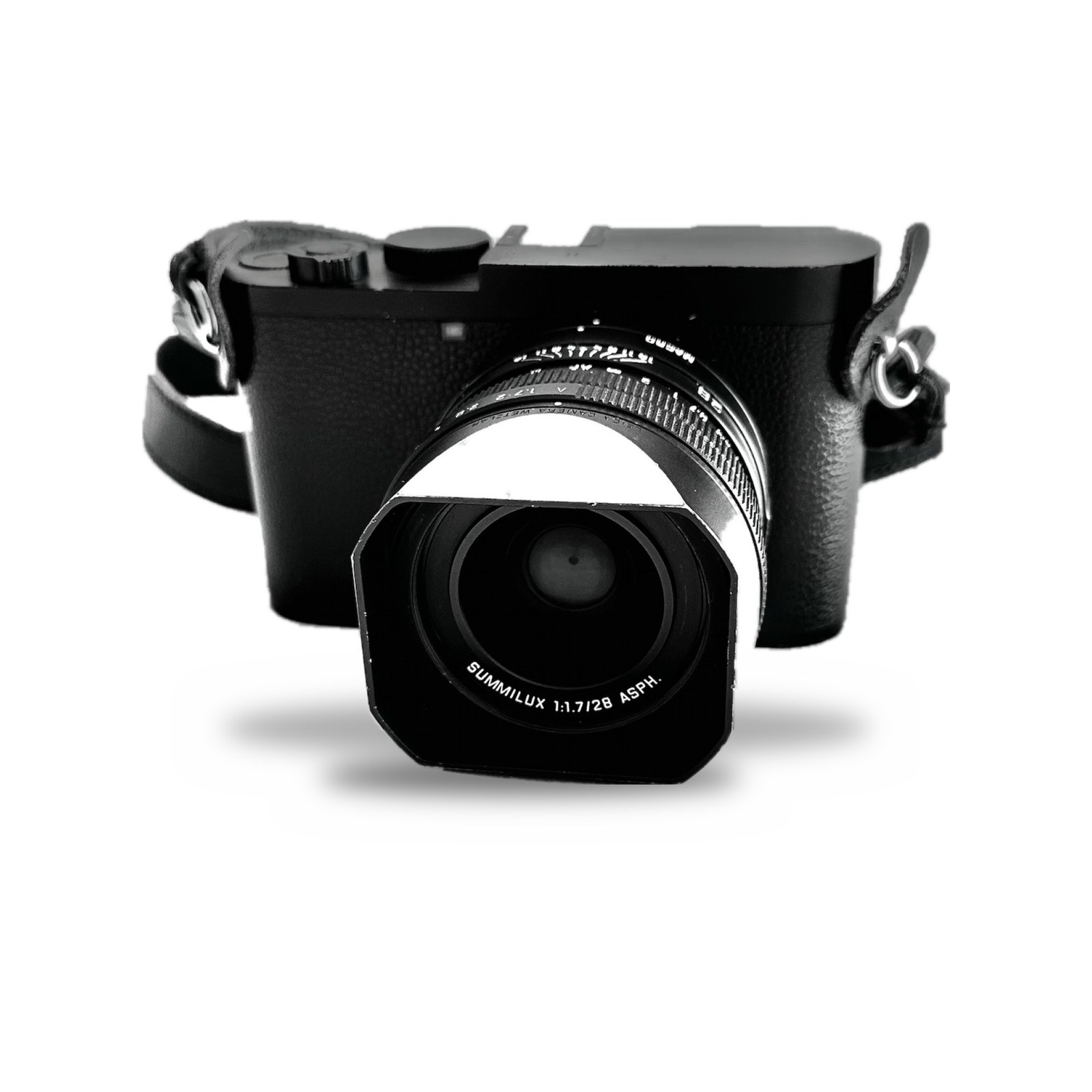 Leica Q2 Monochrom with Summilux 28mm f/1.7 ASPH. lens and lens hood on a white background