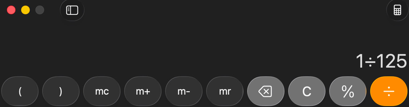 A phone calculator with 1 divided by 125 typed in