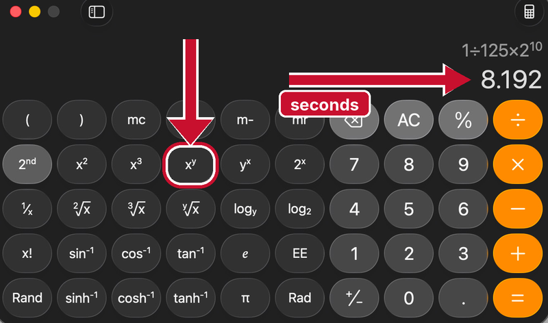 The calculator showing 1 divided by 125 times 2 to the power 10 equals 8.192, with red arrows pointing at the x to the power y key and at the answer in seconds